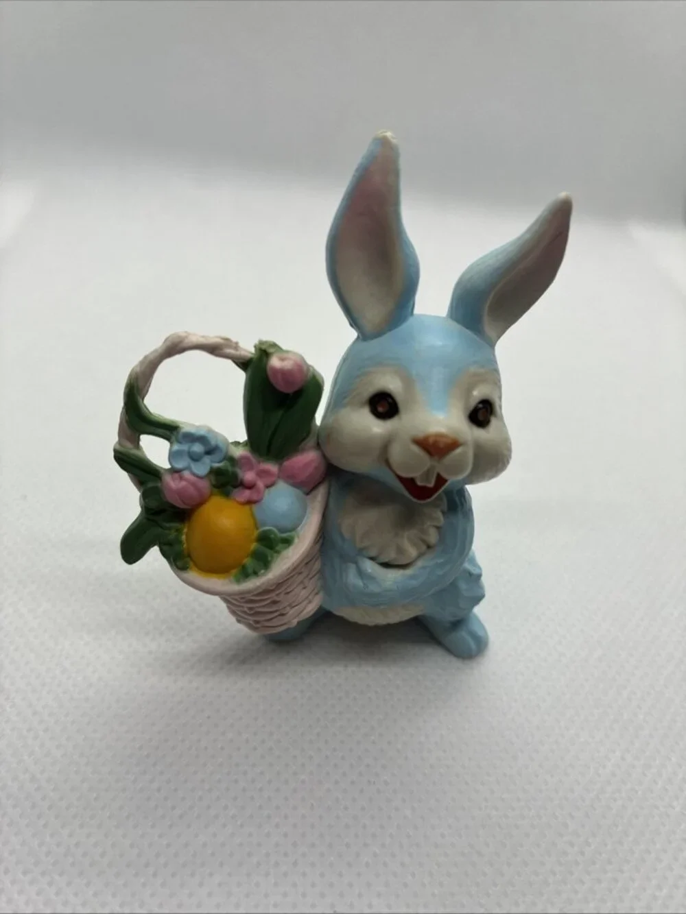 Vintage Blue Easter Bunny Figurine Basket Eggs Flowers Spring Rabbit Decor
